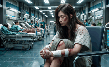 ai generated, woman, injured, emergency, hospital ward, patient, wheelchair, bandages, medical care, crowded, hospital bed, healthcare setting, wounds, waiting, treatment, trauma, recovery, bruised, healthcare, nursing