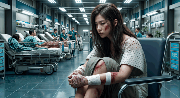 ai generated, woman, injured, emergency, hospital ward, patient, wheelchair, bandages, medical care, crowded, hospital bed, healthcare setting, wounds, waiting, treatment, trauma, recovery, bruised, healthcare, nursing