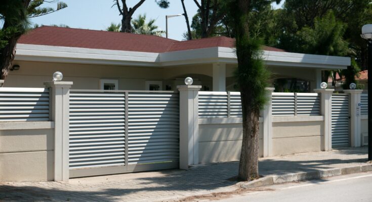 a house with a white fence and a red roof
