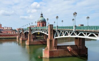 bridge, toulouse, france, architecture, nature, heritage, travel, pink, city, sky, tourism, colorful