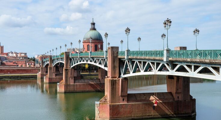 bridge, toulouse, france, architecture, nature, heritage, travel, pink, city, sky, tourism, colorful