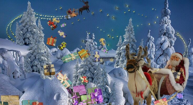 christmas, santa claus, sleds, gifts, greeting card, snow, nature, christmas party