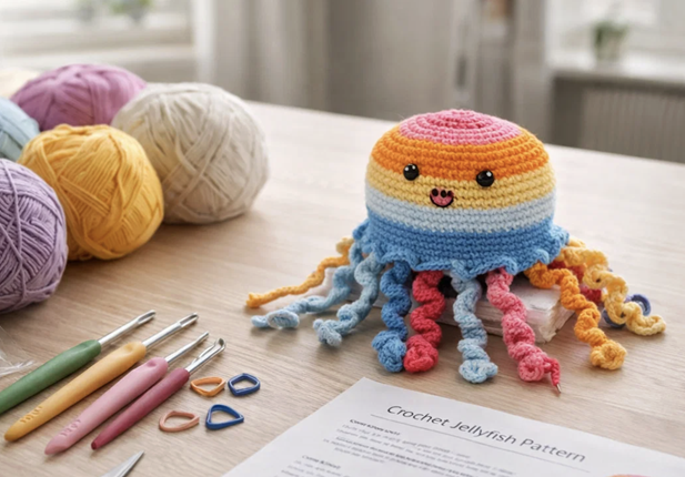 Sauberer Amigurumi-Arbeitsplatz mit mitteldickem Baumwollgarn, ergonomischen Häkelnadeln, Maschenmarkierern und einer gehäkelten Quallenfigur als technisches Einsteigerbeispiel